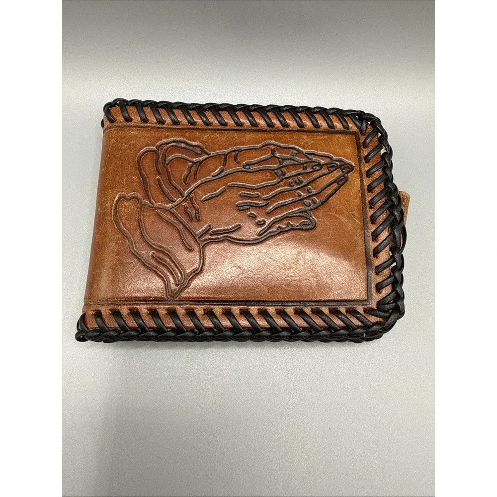 Stamped Leather Vintage Wallet Praying Hands & Lords Prayer Retro